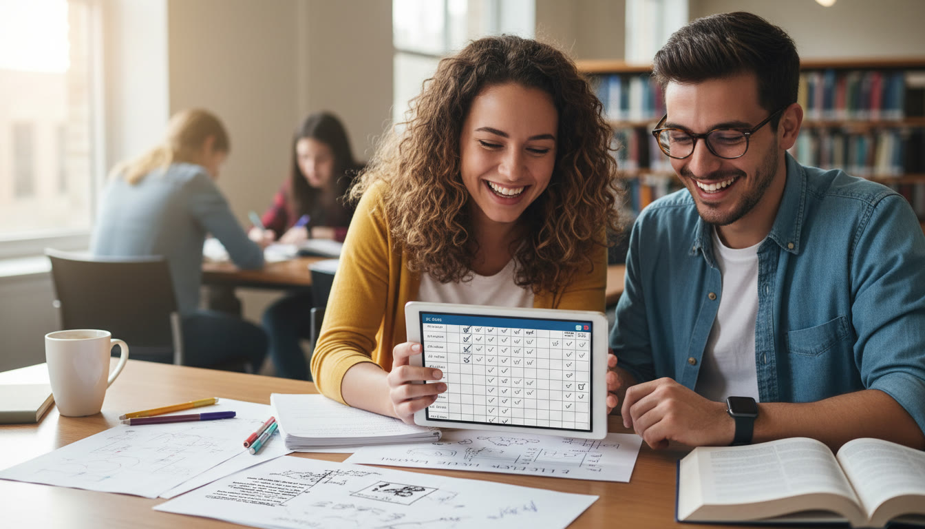 Photo Idea : Two students reviewing IA notes together with a checklist on a tablet