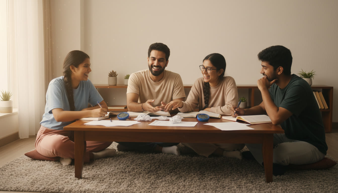 Photo Idea : A small group of students doing a mock-test debrief in a quiet room, notebooks and timers on the table.
