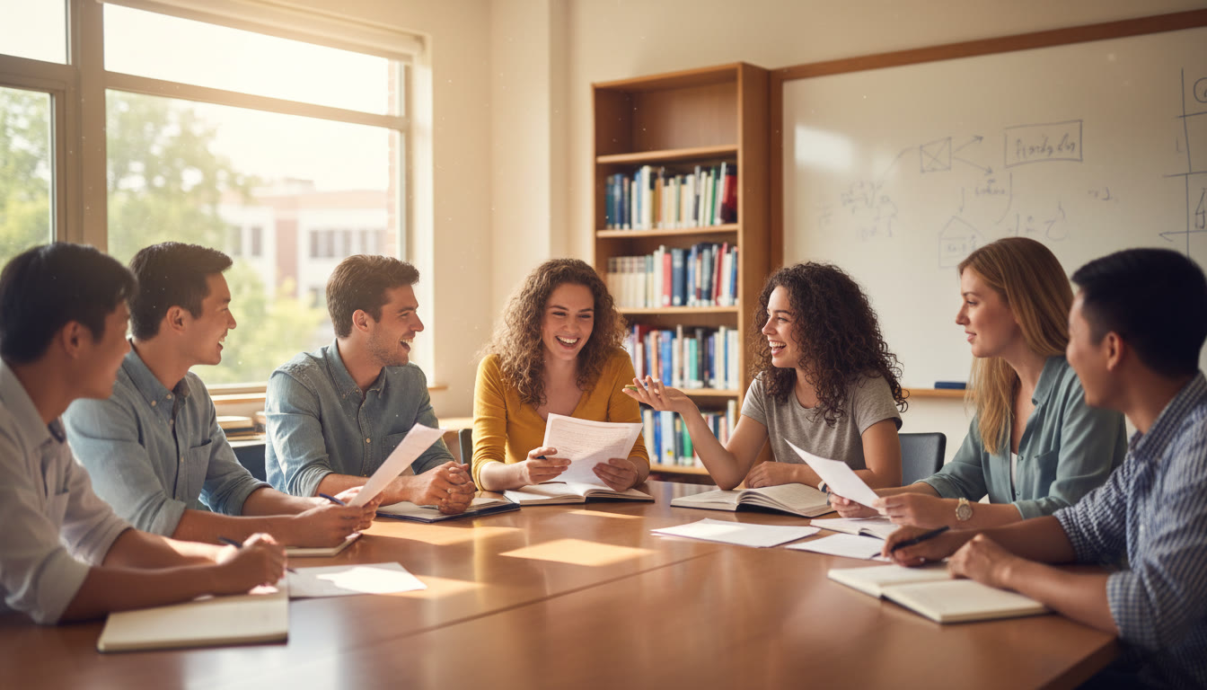 Photo Idea : Diverse group of students in a seminar-style classroom, animatedly discussing a paper