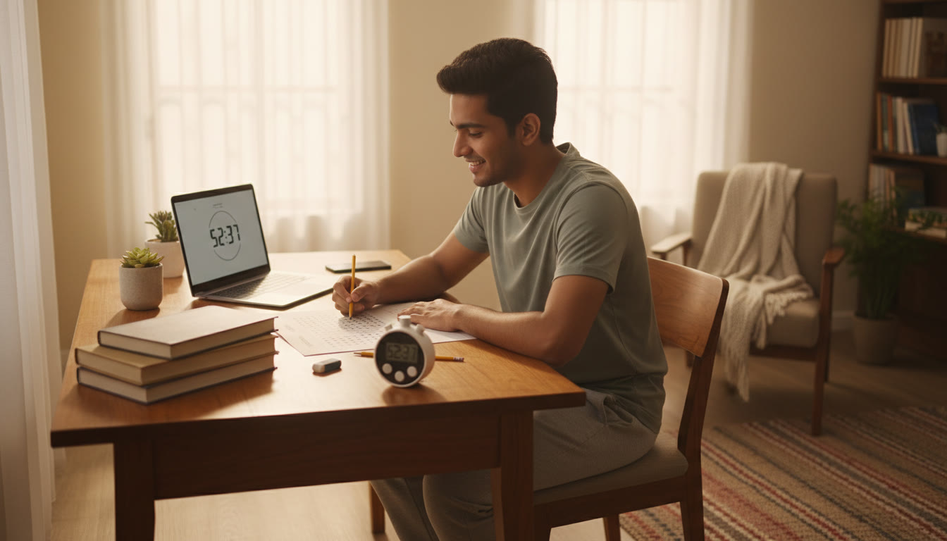 Photo Idea : A student taking a timed mock test, with a mock OMR sheet and stopwatch visible