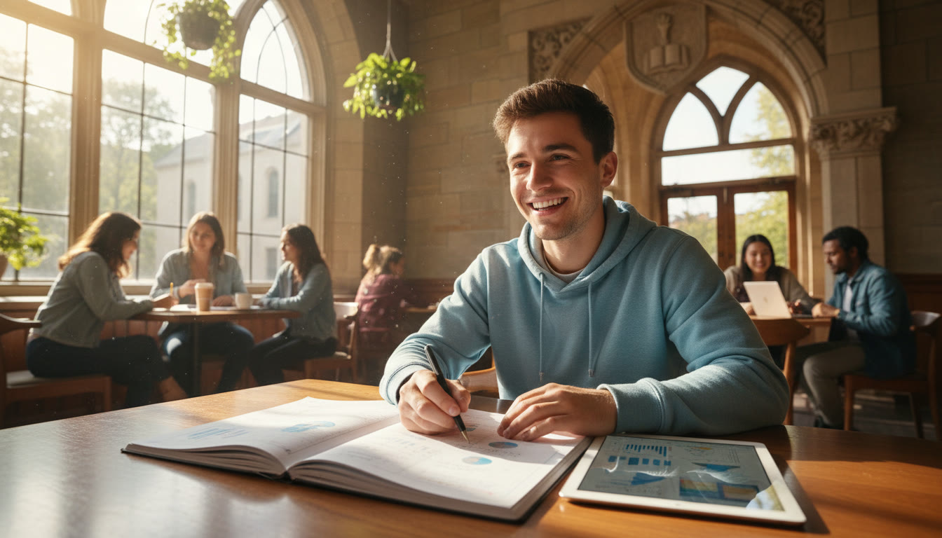 Photo Idea : A focused student studying economics notes in a bright campus café with a university crest visible in the background