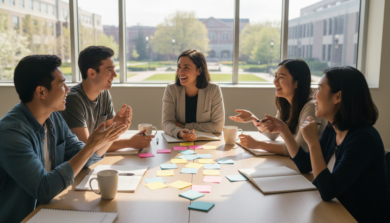 Photo Idea : A small group doing a TOK discussion around a table with sticky notes