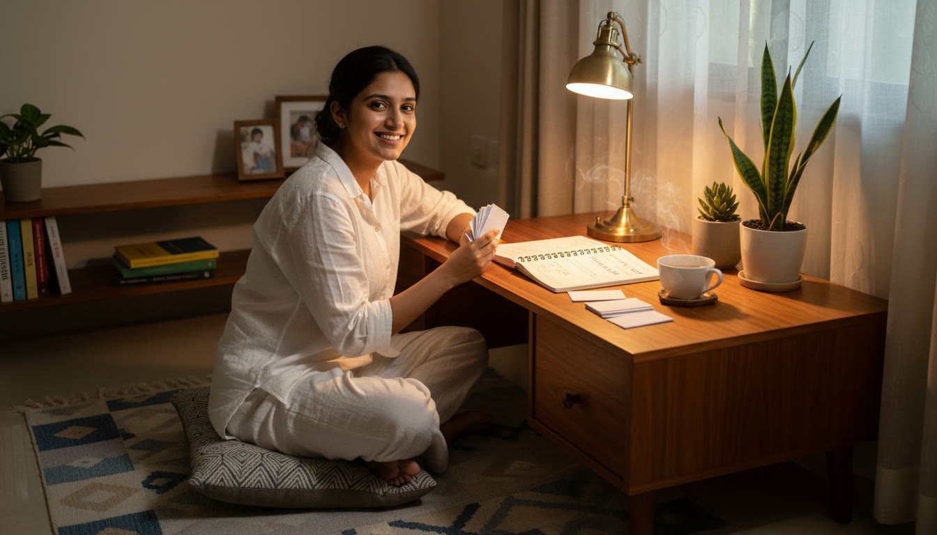 Photo Idea : Student reviewing mistake log and flashcards on a desk with warm lamp light