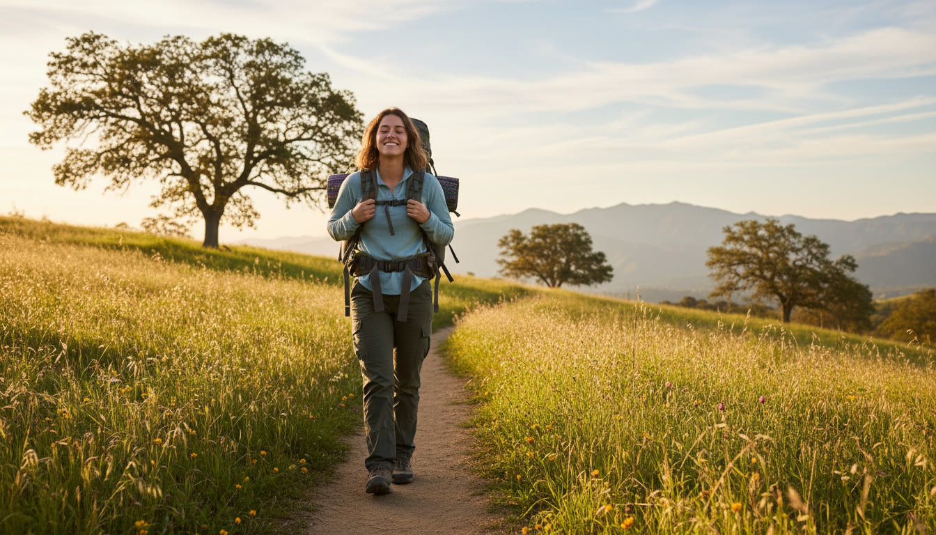 Photo Idea : Student taking a mindful walk outdoors with a backpack