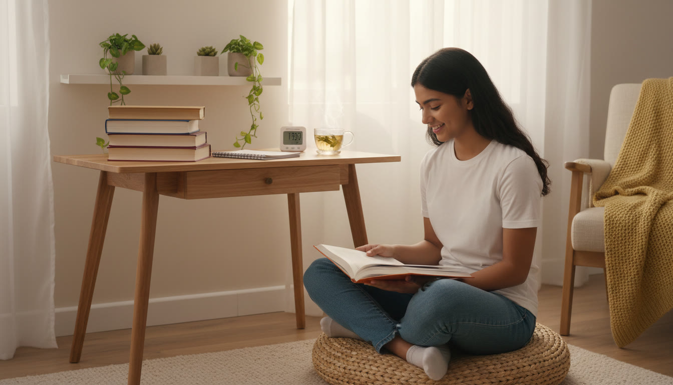 Photo Idea : A focused student at a tidy desk with NEET books, a timer, and a notepad