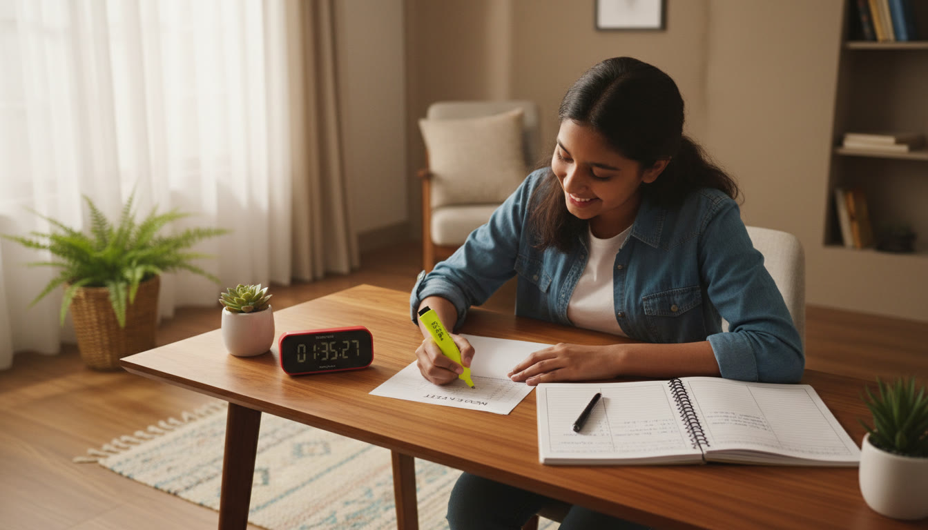 Photo Idea : A student reviewing a mock test paper with a highlighter, stopwatch and organized error log