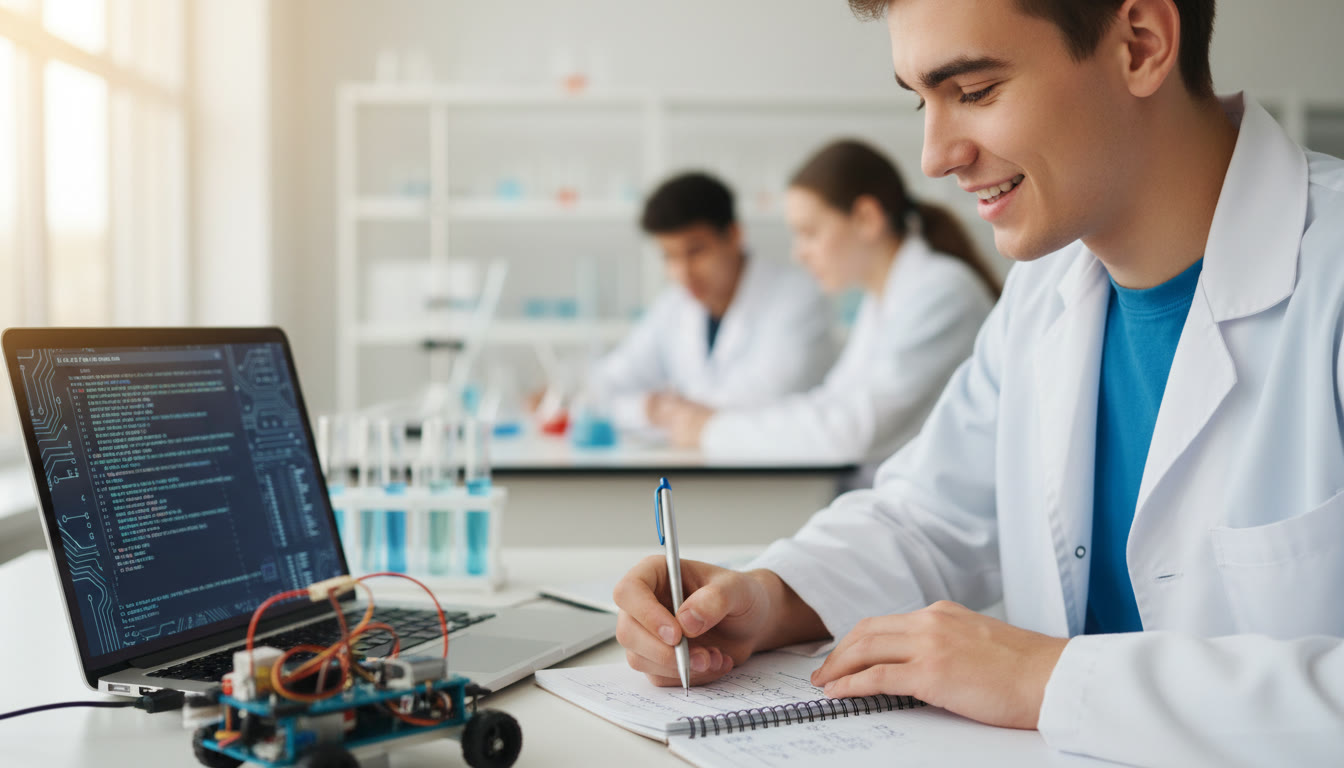 Photo Idea : Close-up of a student in a lab coat writing notes beside a laptop showing code and a small robotics kit
