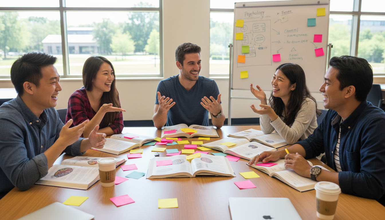 Photo Idea : A diverse group of IB students in discussion around a table with psychology textbooks and sticky notes
