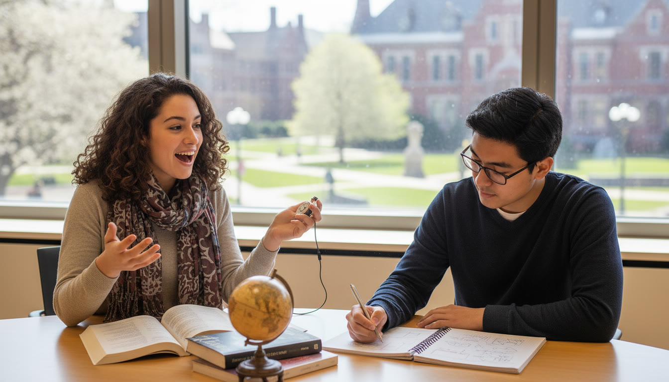 Photo Idea : Two students practicing a French oral exam, one speaking while the other times and takes notes