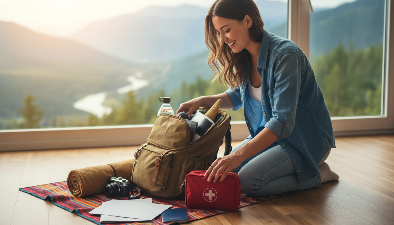 Photo Idea : A young traveler packing a compact first-aid kit and important documents into a backpack