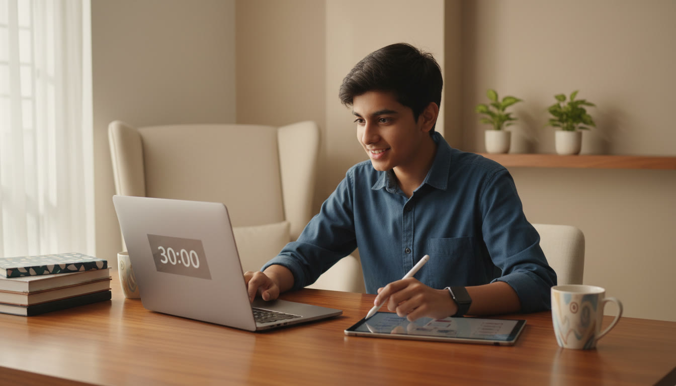 Photo Idea : a focused student taking a timed mock test on a laptop, timer visible on screen