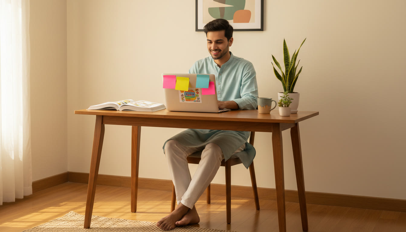Photo Idea : Student at a tidy study desk with open biology book, laptop, and color-coded sticky notes