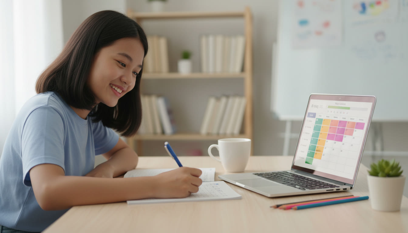 Photo Idea : Student checking off a to-do list while a laptop shows a study calendar