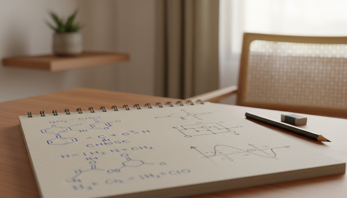 Photo Idea : a close-up of a student’s scratchpad with chemistry equations on one side and physics diagrams on the other