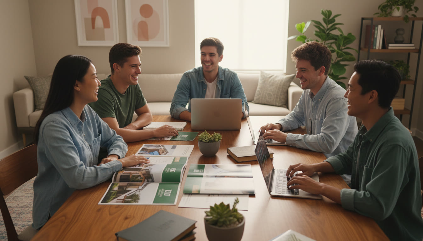 Photo Idea : A group of students sitting around a table comparing campus brochures and coding on laptops
