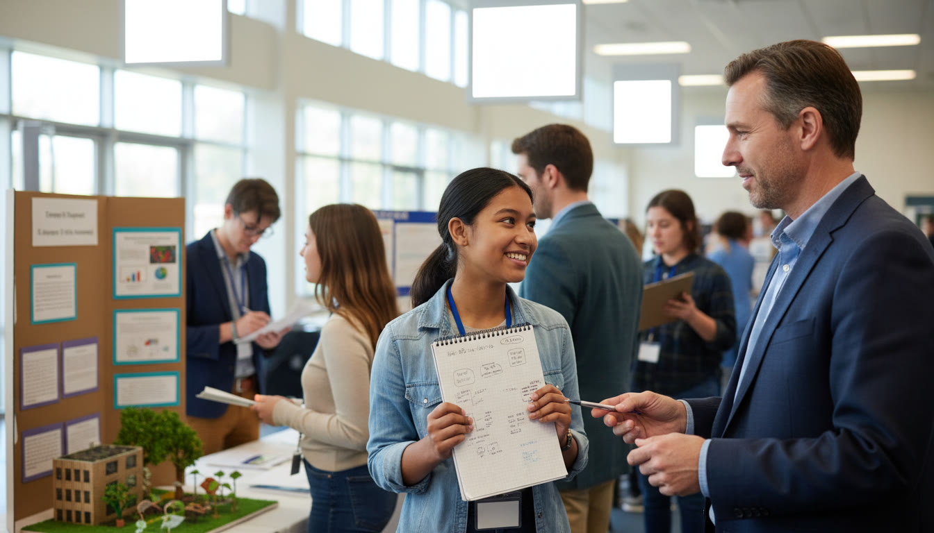 Photo Idea : Student receiving feedback from a judge at a science fair, holding a notebook and smiling thoughtfully
