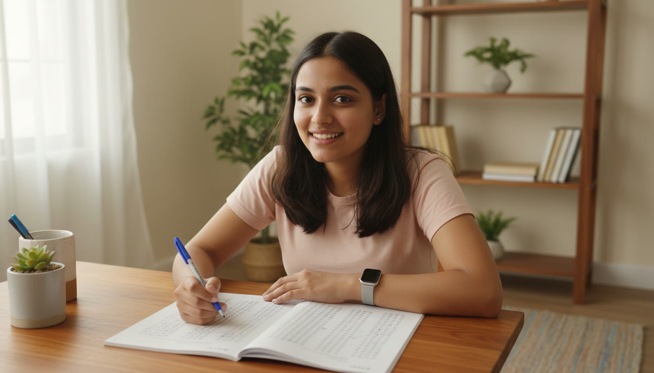 Photo Idea : A student taking a timed mock test at a desk with a wristwatch, answer sheet and a correction pen