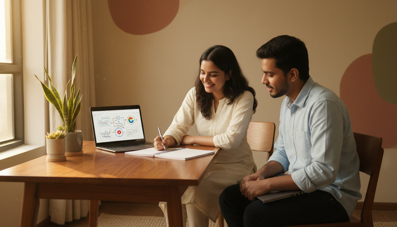 Photo Idea : Tutor and student reviewing a lab notebook together with a laptop showing annotated feedback