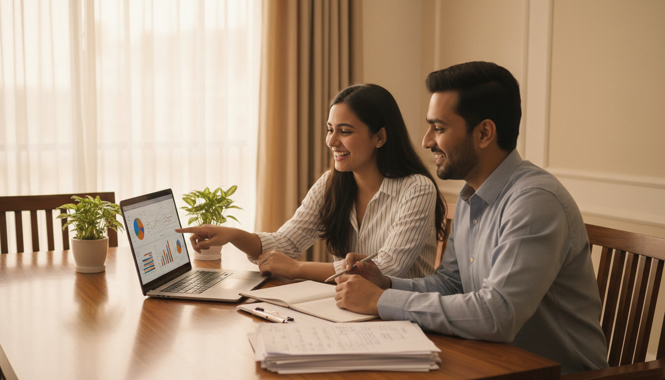Photo Idea : A tutor and a student reviewing analytics on a laptop with printed question papers nearby