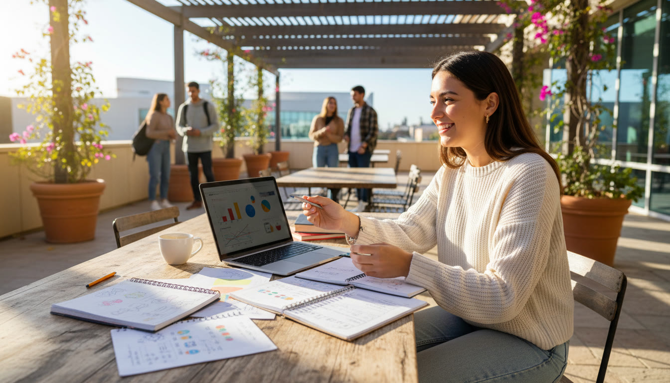 Photo Idea : Student on a sunlit campus terrace reviewing notes with a laptop and notebooks