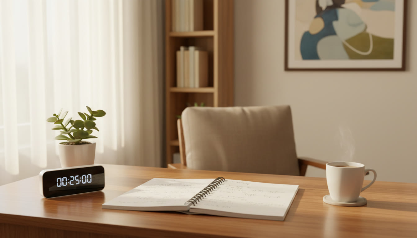 Photo Idea : A calm, organized study corner with a timer, notebook and a small plant to convey balance.