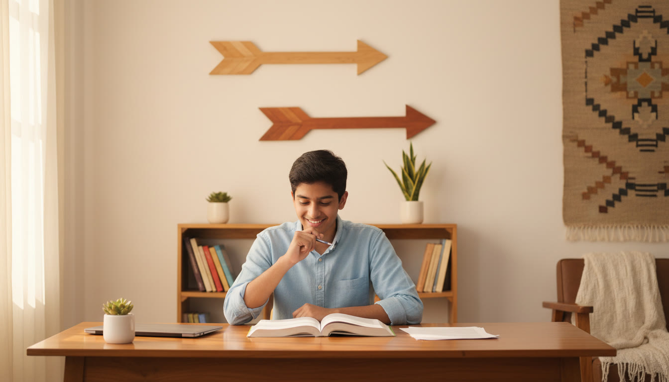 Photo Idea : A thoughtful student sitting at a desk with three directional signs labeled IIT, NIT, IIIT visible in the background