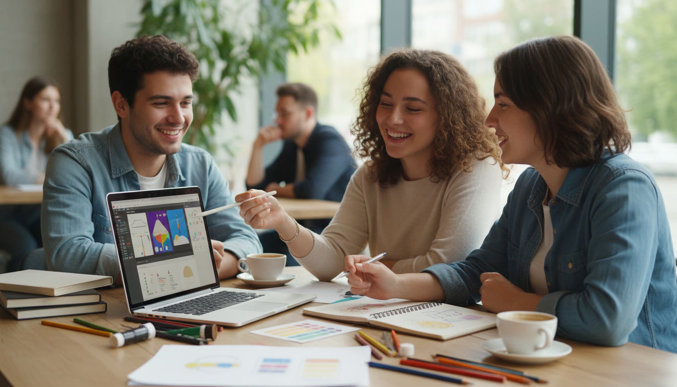 Photo Idea : A small group of students collaborating around a laptop and sketchbook, planning a portfolio