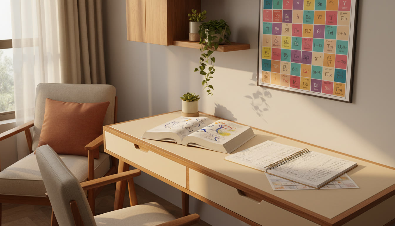 Photo Idea : A neat study corner with an open theory book, a practice workbook filled with solved problems, a formula card, and a periodic table poster on the wall.