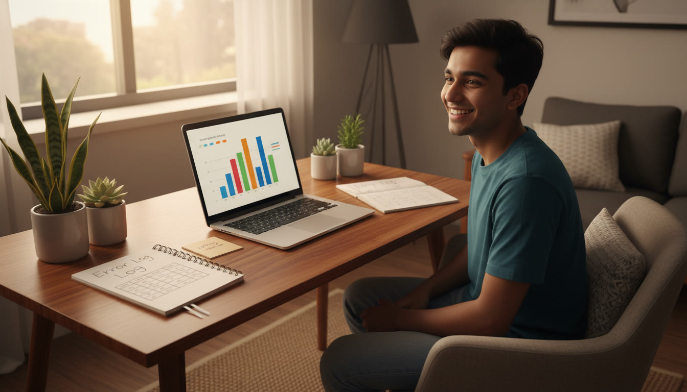 Photo Idea : A student smiling while reviewing a mock test report on a laptop surrounded by neat notes and an error log notebook