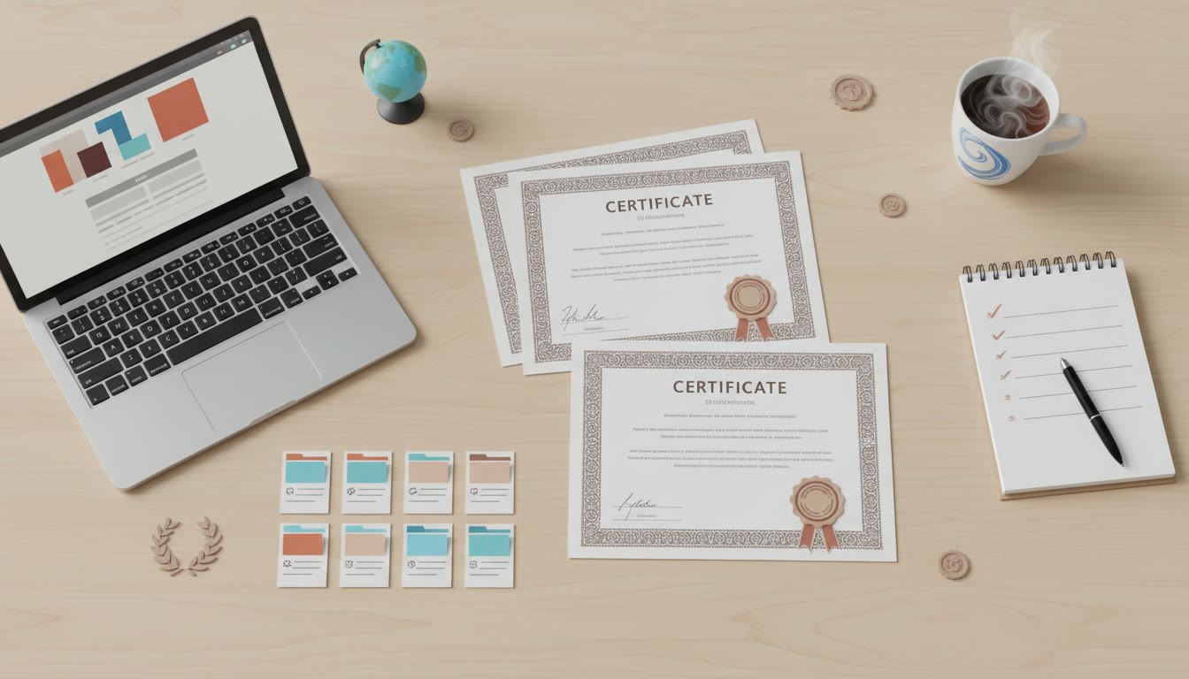 Photo Idea : A neat flat-lay of certificates, a laptop with an application portal open, neatly named PDF files on a screen, and a notepad with checklist items