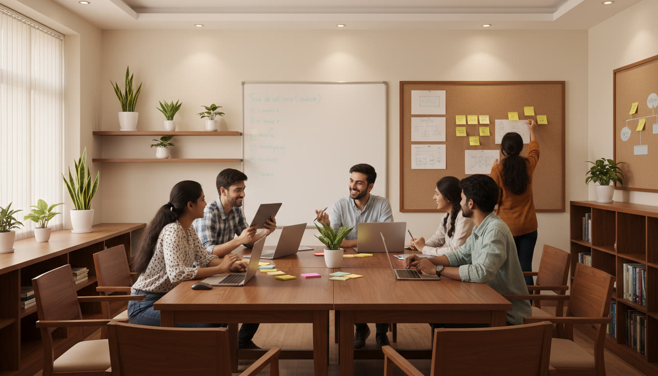 Photo Idea : Students in a computer lab collaborating on a project with laptops and sticky notes