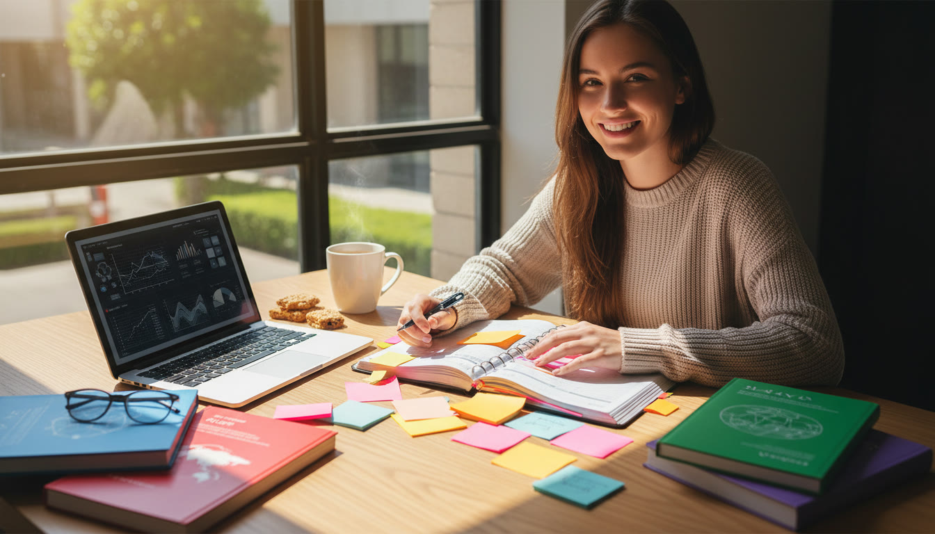 Photo Idea : Student with a planner, colorful sticky notes, subject guides, and a laptop on a sunlit desk