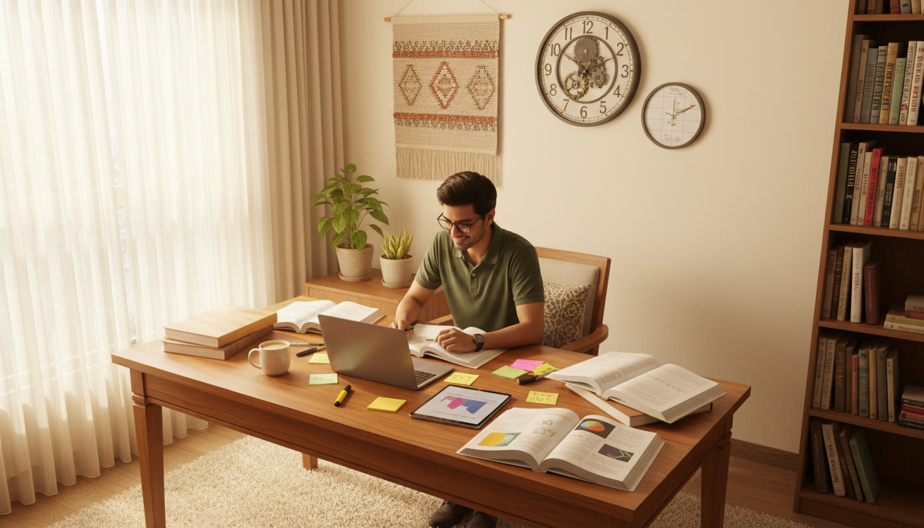 Photo Idea : A focused student at a study desk with open textbooks, sticky notes, and a wall clock indicating scheduled study time