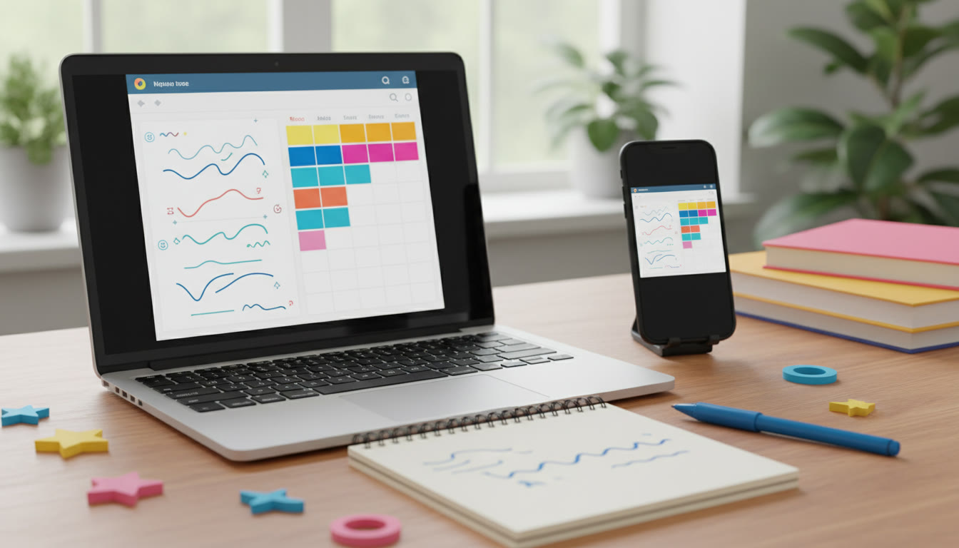 Photo Idea : A smartphone and laptop side by side showing a synced note and calendar, with a small notebook and pen