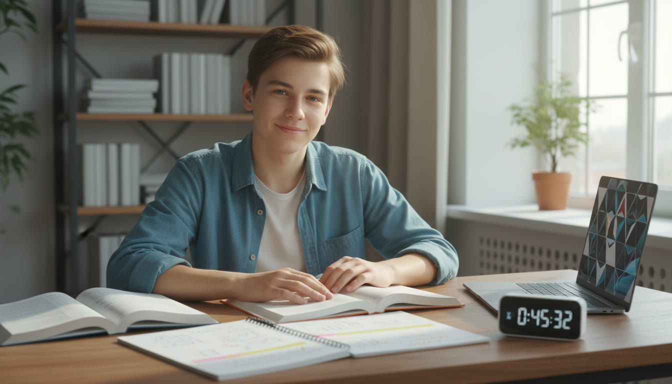 Photo Idea : Student sitting at a desk with neat notes and a timer, looking calm and focused