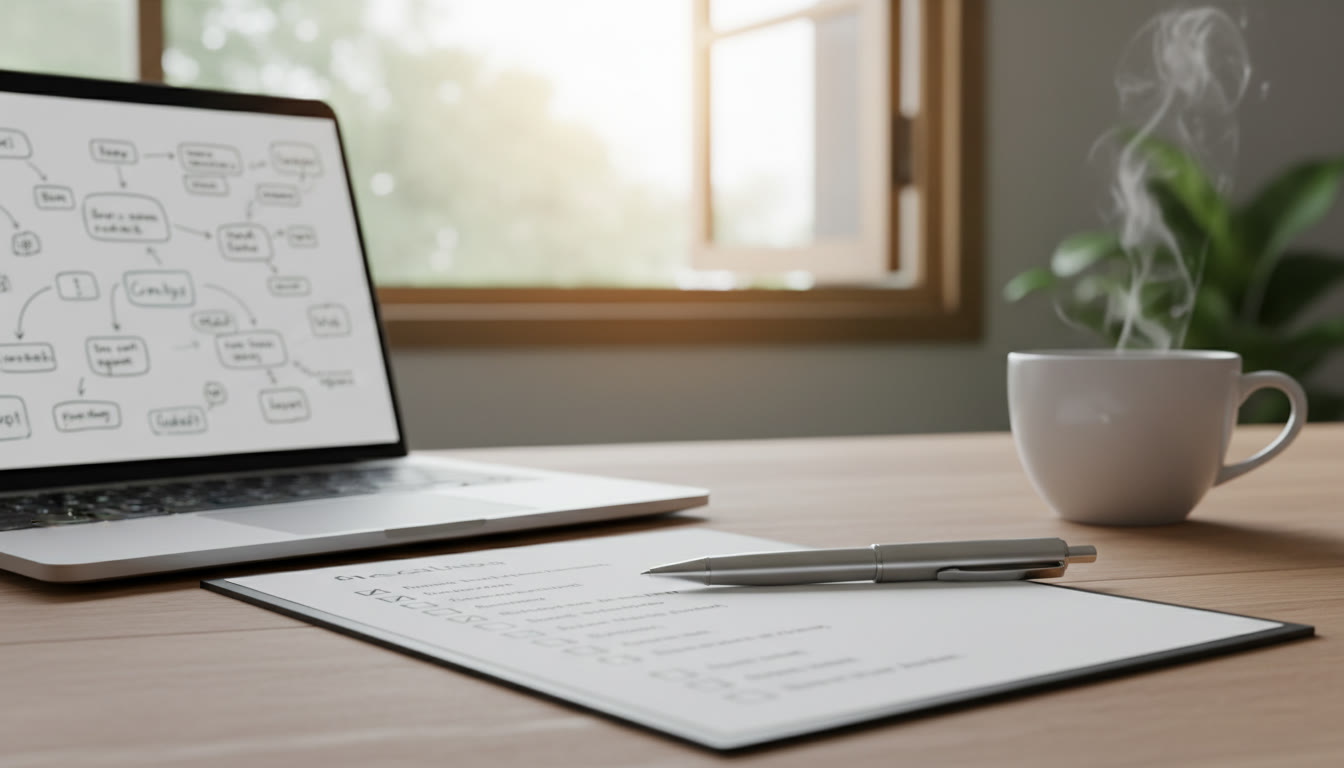 Photo Idea : A close-up of a checklist with a pen, coffee cup and a laptop displaying notes.