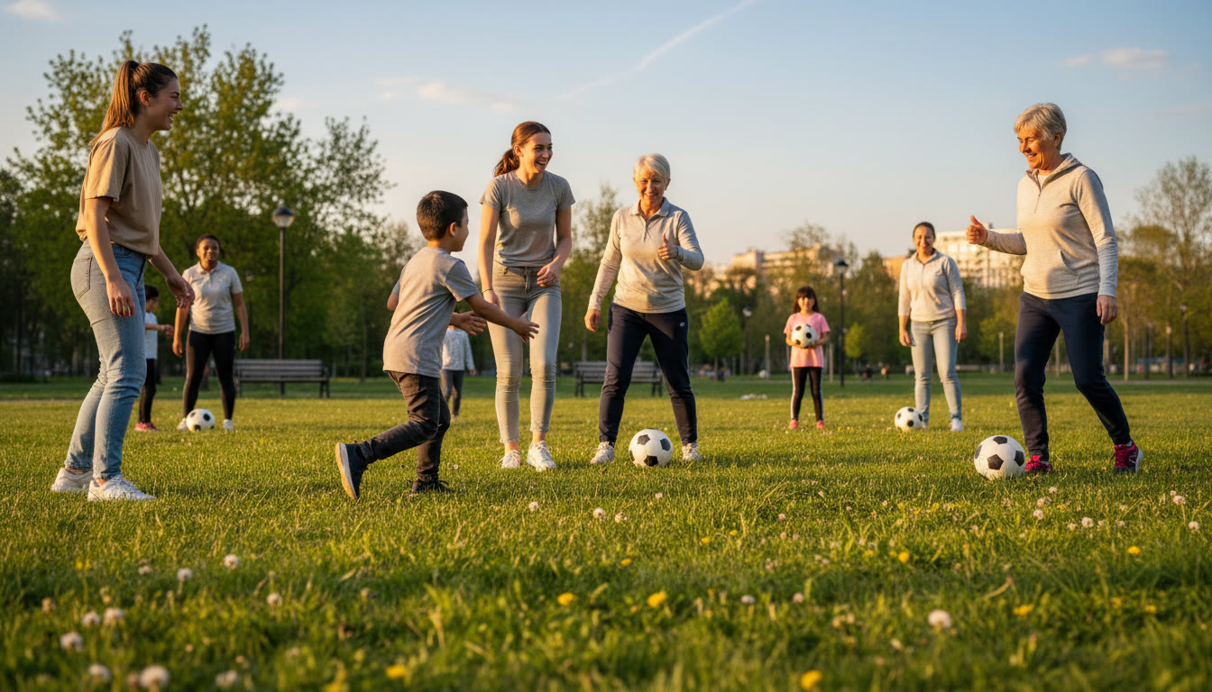 Photo Idea : Students coaching a mixed-age community soccer session in a local park, smiling and passing a ball