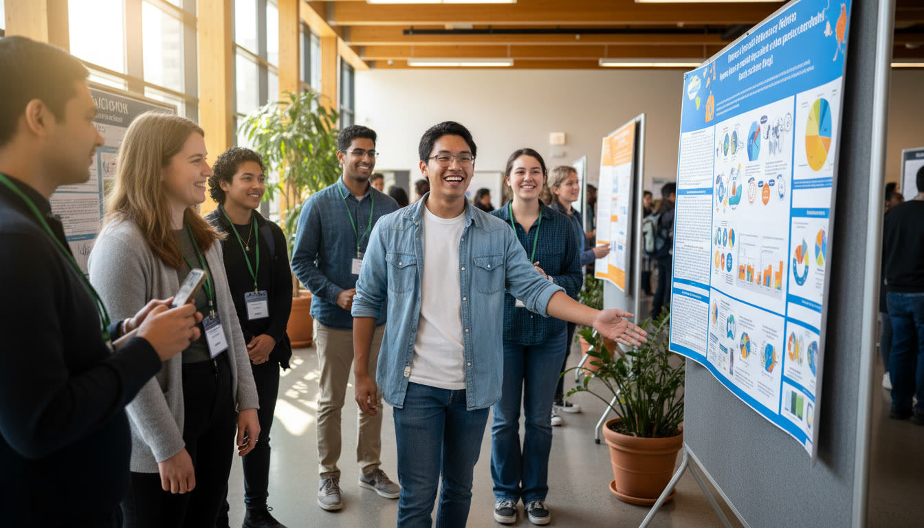 Photo Idea : Student presenting a poster at a small research symposium