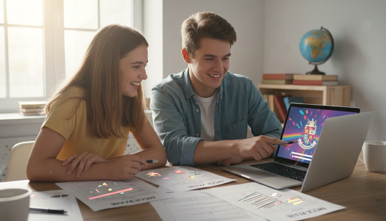 Photo Idea : A tutor and student reviewing IB mock exam papers together with a laptop showing a university offer