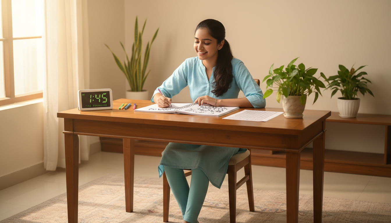Photo Idea : Student taking a full-length mock test in a quiet exam room