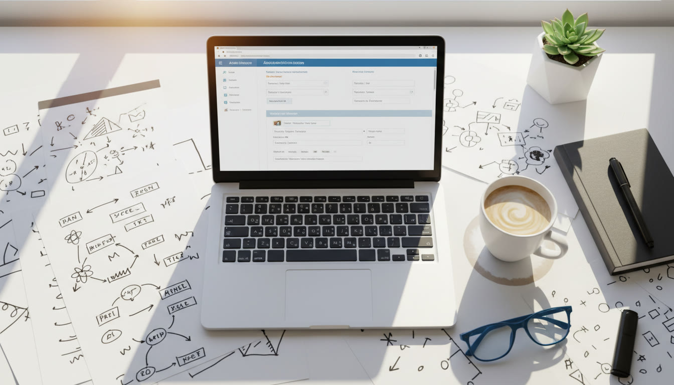 Photo Idea : Overhead shot of a student workspace with IB notes, a laptop open to an application form, and a cup of coffee