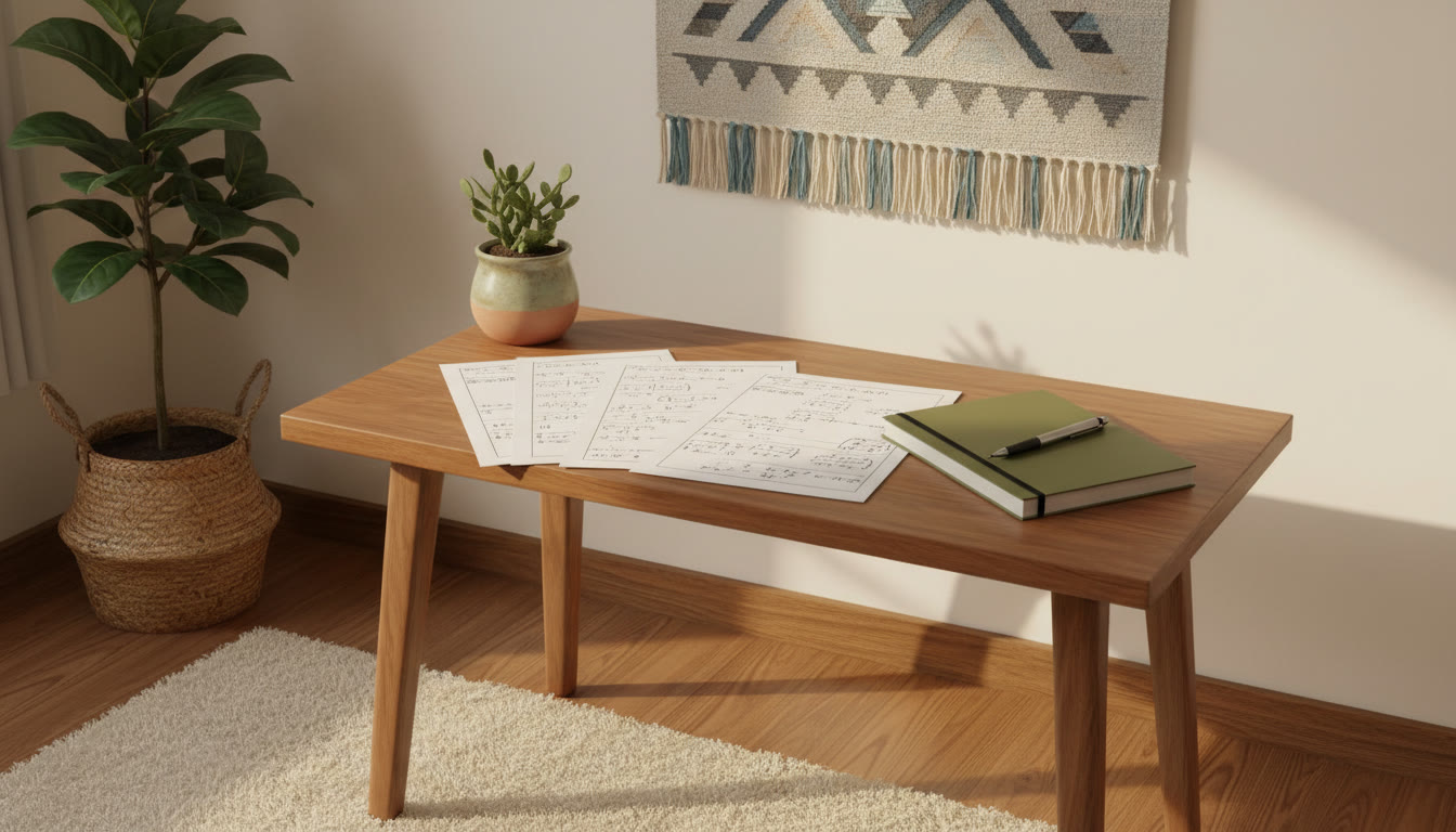 Photo Idea : A small desk with neatly arranged formula sheets, a notebook labeled