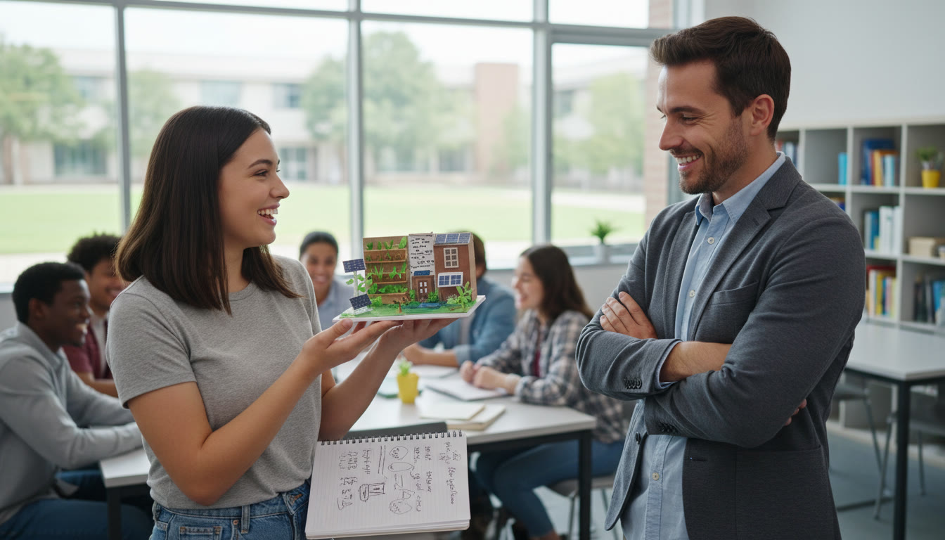 Photo Idea : A student presenting a small project to a teacher, with a notebook showing reflection notes