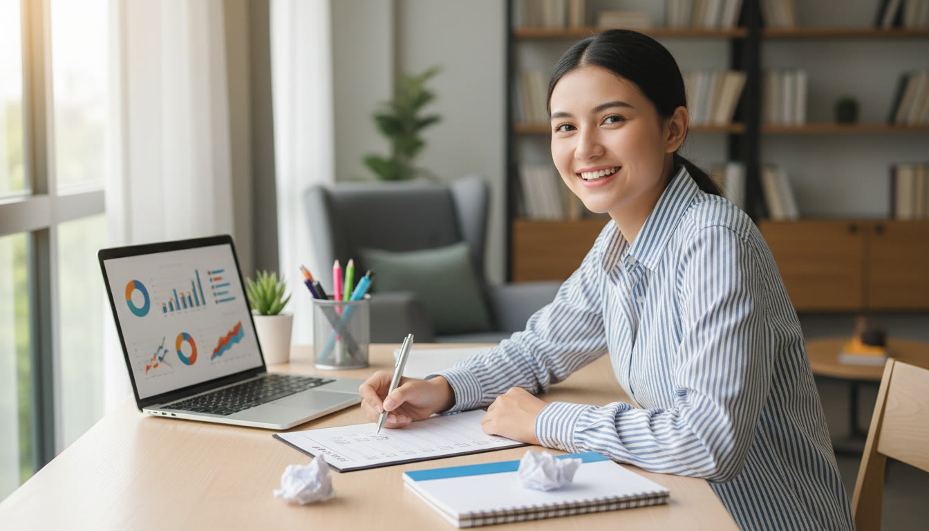 Photo Idea : Student at a desk ticking off a checklist with a laptop and notebook nearby