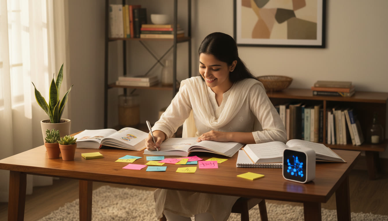 Photo Idea : A focused student studying at a desk with open textbooks, colorful sticky notes, and a timer