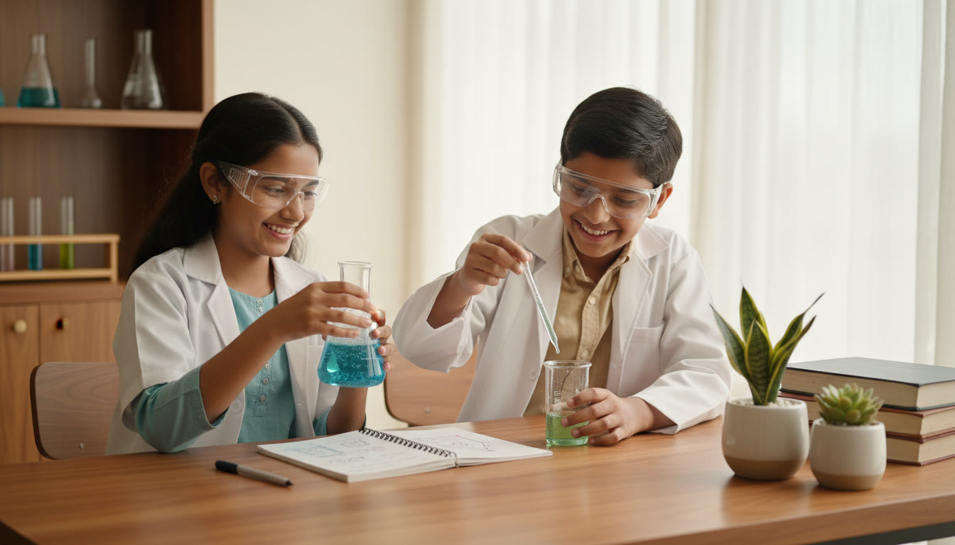 Photo Idea : Two students conducting a simple chemistry experiment together, wearing safety gear and taking notes