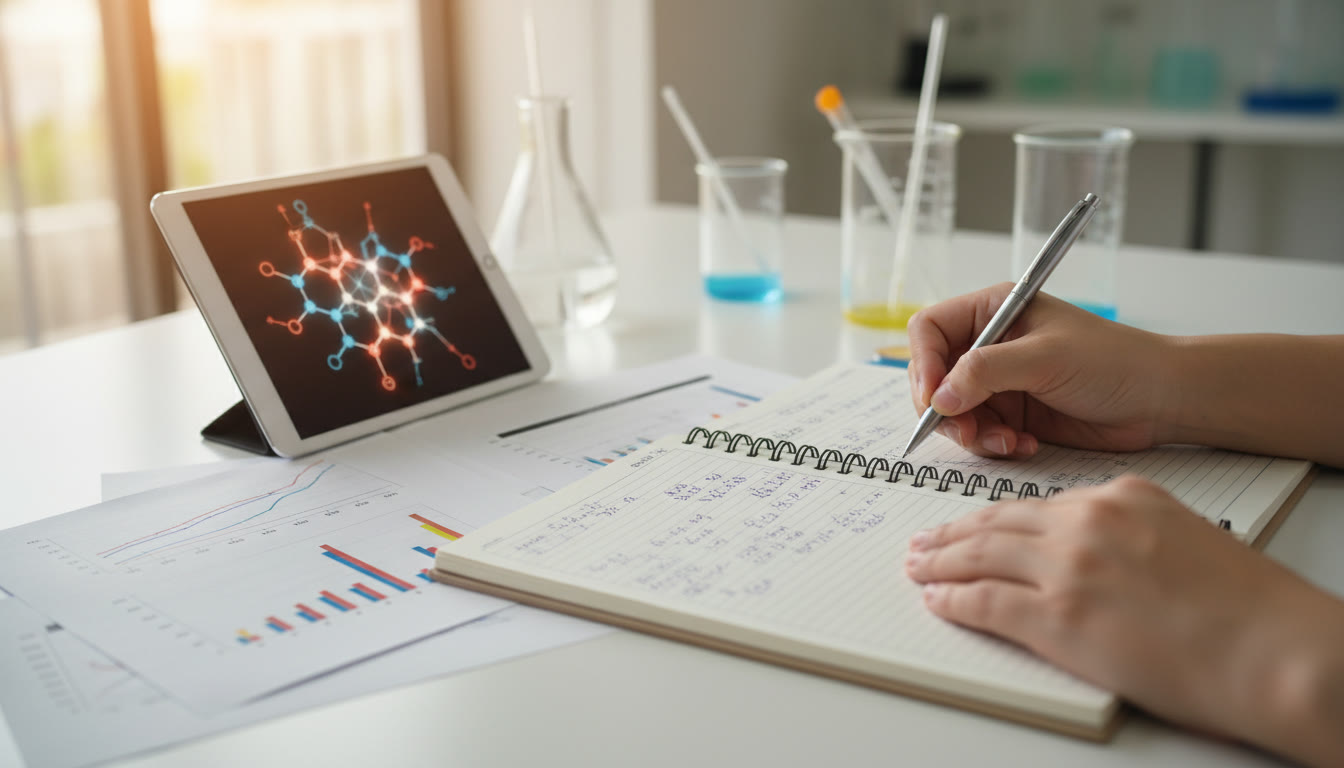 Photo Idea : close-up of hands writing in a lab notebook next to printed graphs and a tablet