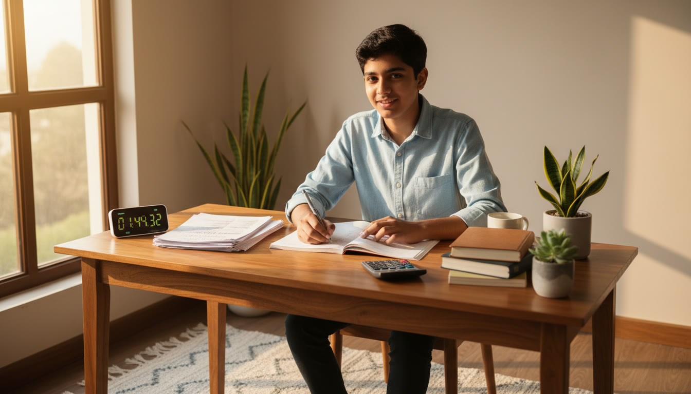 Photo Idea : A focused student at a desk with a timer, open notebook, and problem sheets, sunlight streaming through a window.