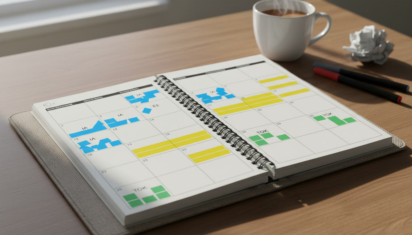 Photo Idea : Close-up of a planner open to a two-week spread with color-coded tasks for IA, EE, TOK
