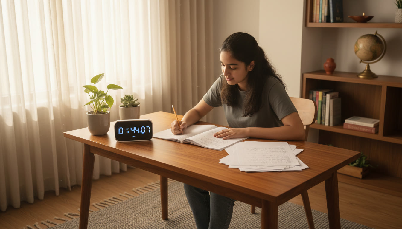Photo Idea : A student attempting a full-length mock test at a desk with a timer and answer sheets.